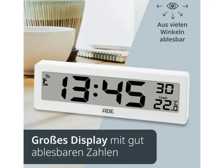 ADE Funkuhr DCF mit XXL-Ziffern digital Weiss