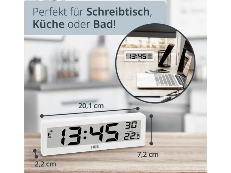 ADE Funkuhr DCF mit XXL-Ziffern digital Weiss