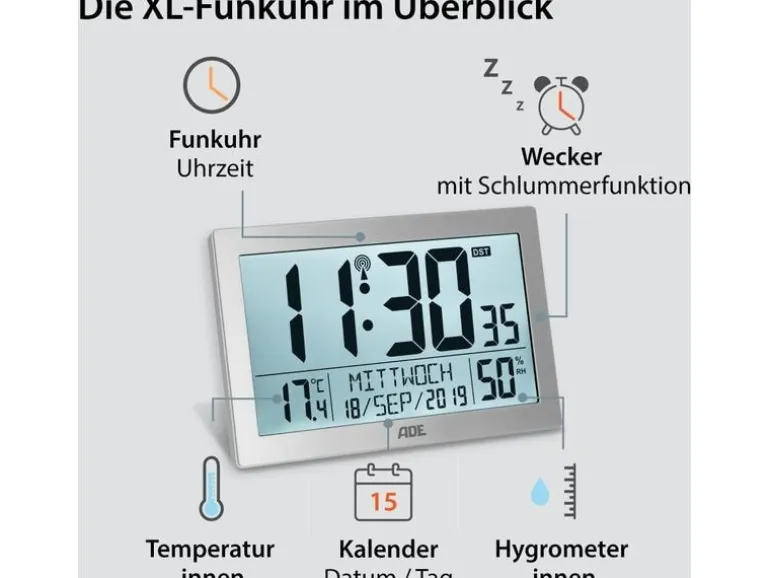 ADE Funk-Wanduhr XL, Silber