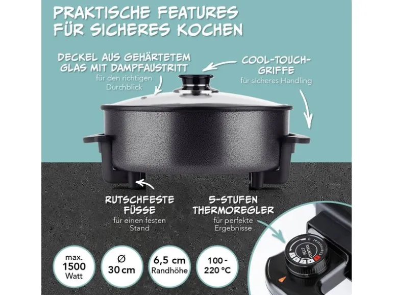 GOURMETmaxx Party-Pfanne mit Deckel, 1500 W