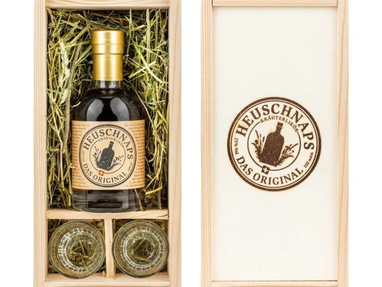 Heuschnaps Geschenkset Kräuterlikör Das Original 0.2 l & 2 Gläser