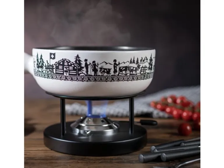 Kuhn Rikon Käsefondue-Set Induktion Alpweide 8 Teile, Schwarz/Weiss