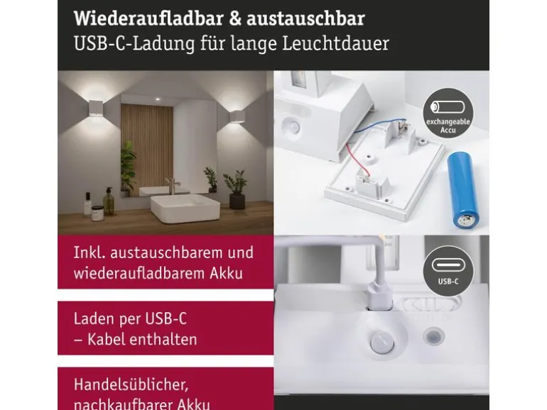 Paulmann Akkuwandleuchte Nyara IP44, Weiss
