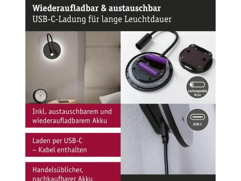 Paulmann LED Akkuwandleuchte Miora 2700K dimmbar Schwarz