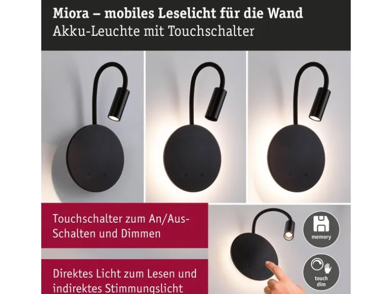 Paulmann LED Akkuwandleuchte Miora 2700K dimmbar Schwarz