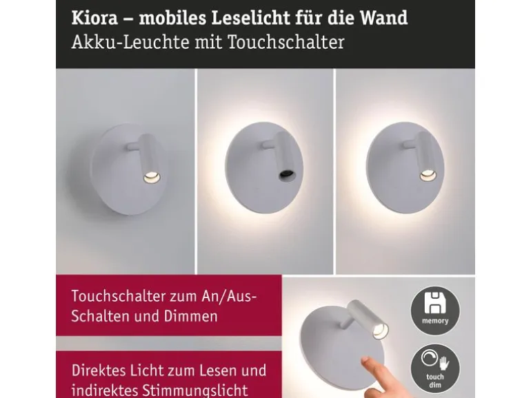 Paulmann LED Akkuwandleuchte Kiora 2700K dimmbar Weiss