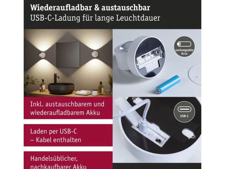 Paulmann LED Akkuwandleuchte Zorik 2700K dimmbar Weiss