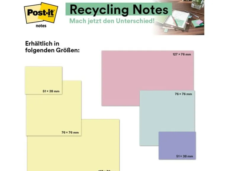 Post-it Notizzettel Post-it Recycling Gelb, 7.6 cm x 7.6 cm