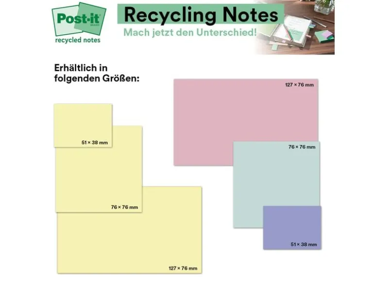 Post-it Notizzettel Post-it Recycling Gelb, 7.6 cm x 7.6 cm