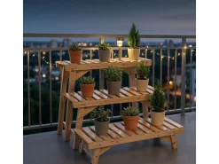 relaxdays Blumentreppe Tannenholz, Hellbraun, 3er Set