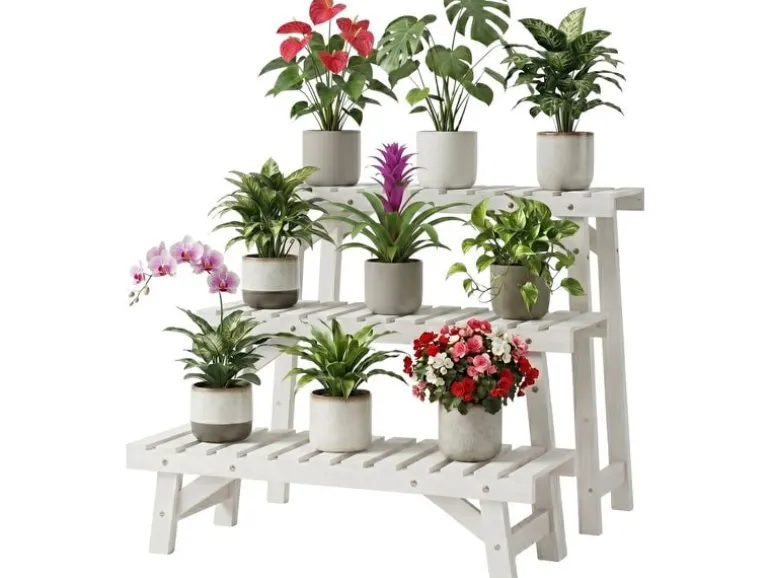 relaxdays Blumentreppe Tannenholz, Weiss, 3er Set