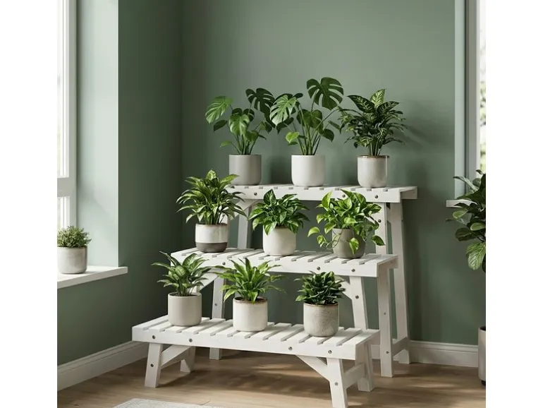 relaxdays Blumentreppe Tannenholz, Weiss, 3er Set
