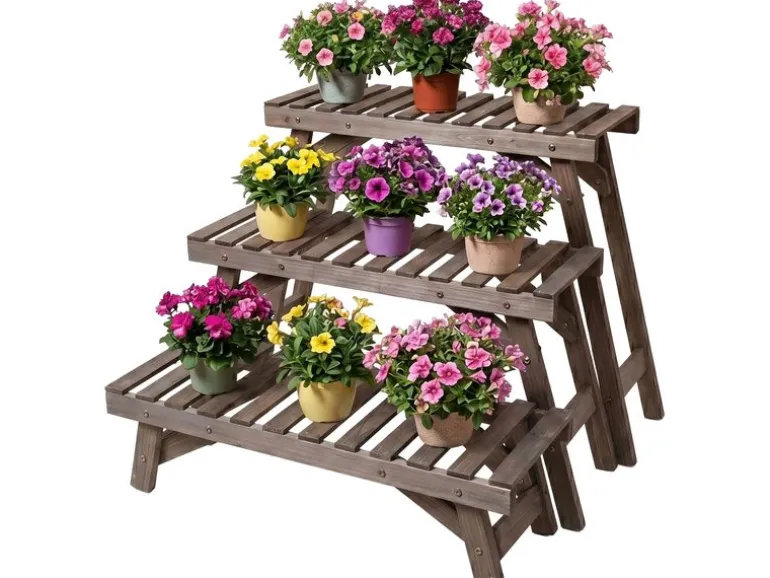 relaxdays Blumentreppe Tannenholz, Dunkelbraun, 3er Set