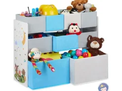 relaxdays Kinderregal, 9 Stoffboxen, Weiss / Grau / Hellblau
