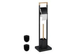 relaxdays WC-Garnitur Edelstahl Bambus Schwarz Hellbraun