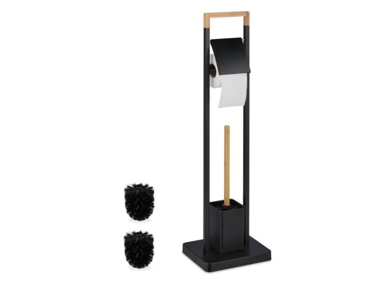 relaxdays WC-Garnitur Edelstahl Bambus Schwarz Hellbraun