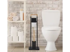 relaxdays WC-Garnitur Edelstahl Bambus Schwarz Hellbraun