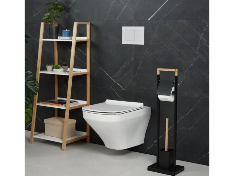 relaxdays WC-Garnitur Edelstahl Bambus Schwarz Hellbraun